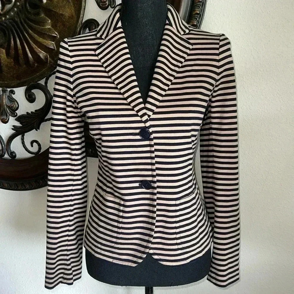 Jackets & Blazers - Talbots Women’s Striped Navy Blue Tan Cotton Blend Blazer RARE Color Comb SP